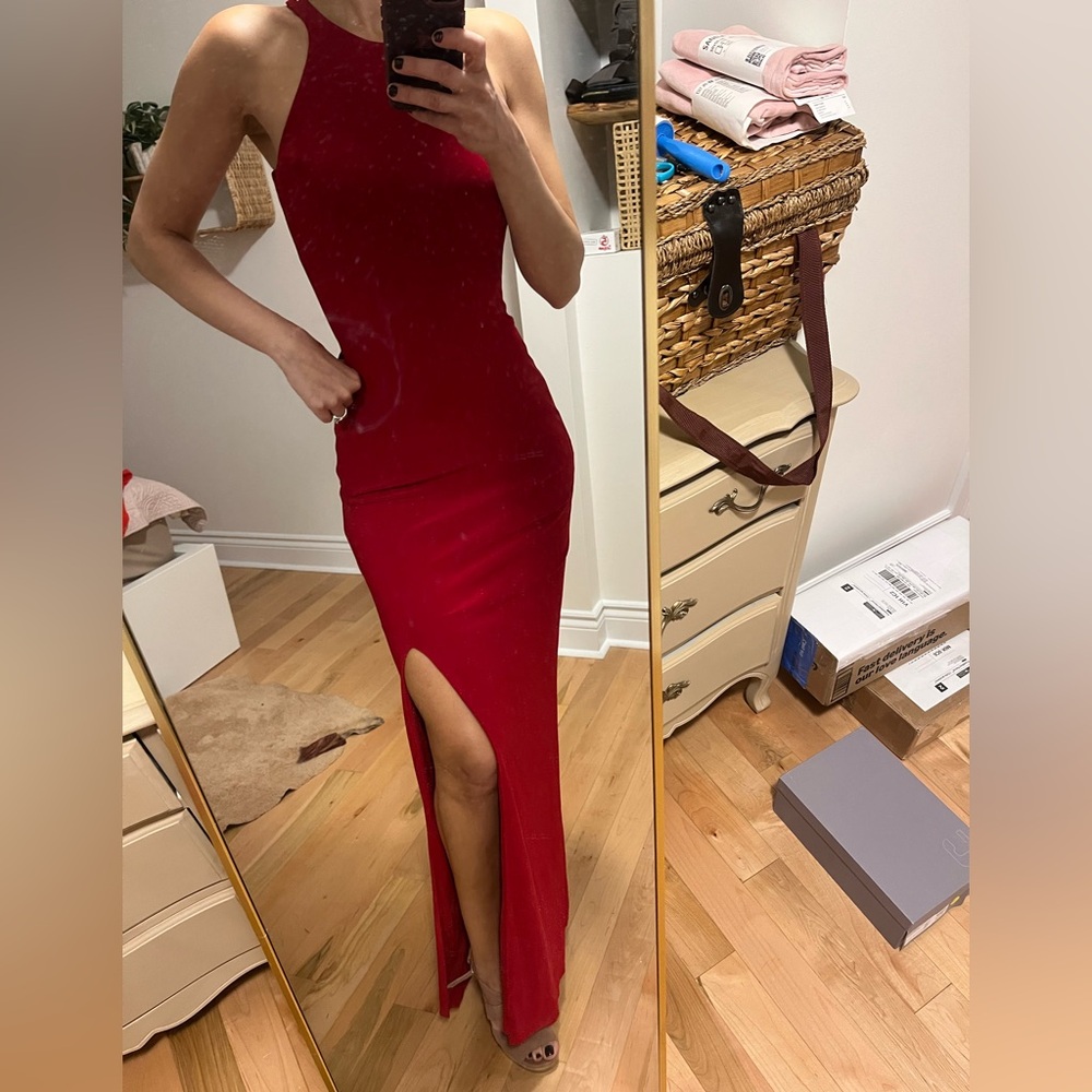 Le Chateau Red Maxi Dress with Slit House of cb style XS sexy
